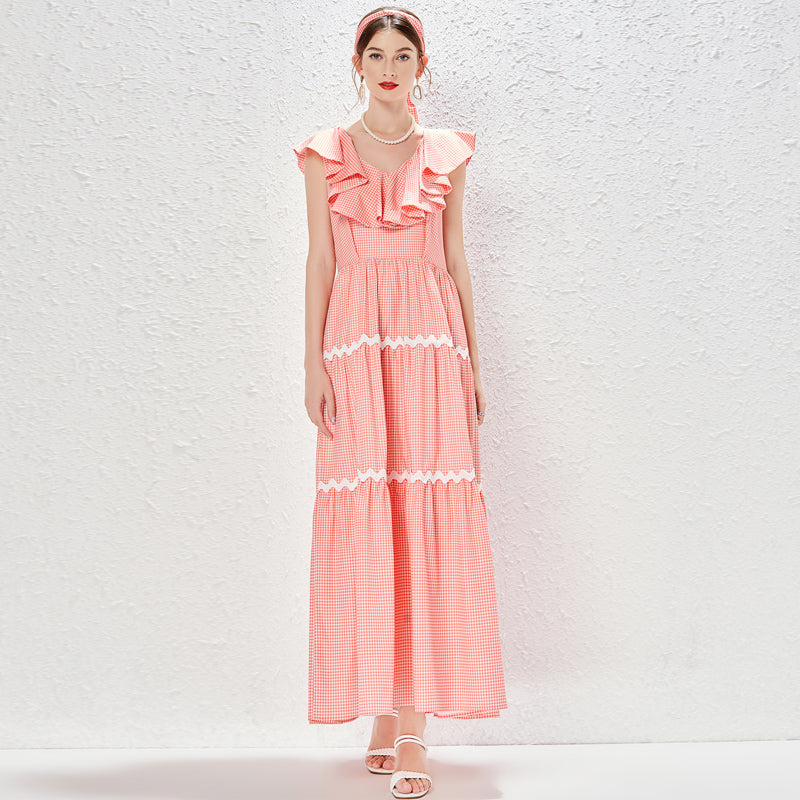 Women's Ruffle-Trim Plaid V-Neck Maxi Dress