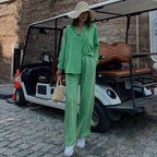 Early Autumn Casual Suit Y2g Vacation Batwing Sleeve Shirt Top Straight Leg Trousers Two-Piece Set