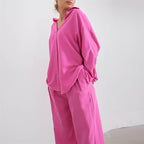 Early Autumn Casual Suit Y2g Vacation Batwing Sleeve Shirt Top Straight Leg Trousers Two-Piece Set