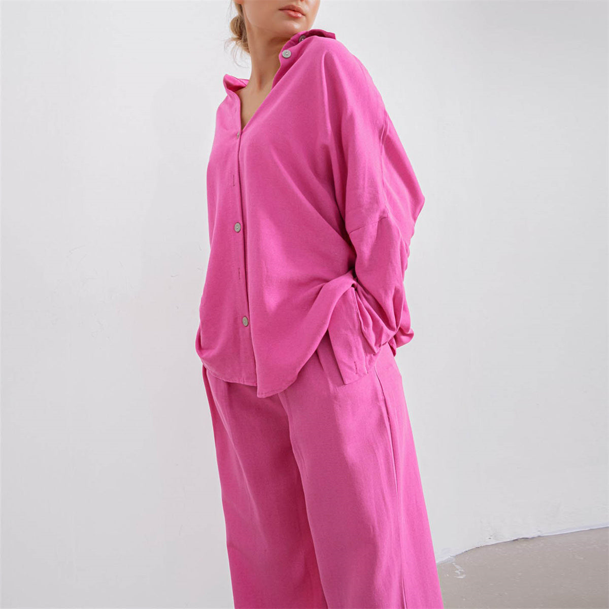 Early Autumn Casual Suit Y2g Vacation Batwing Sleeve Shirt Top Straight Leg Trousers Two-Piece Set