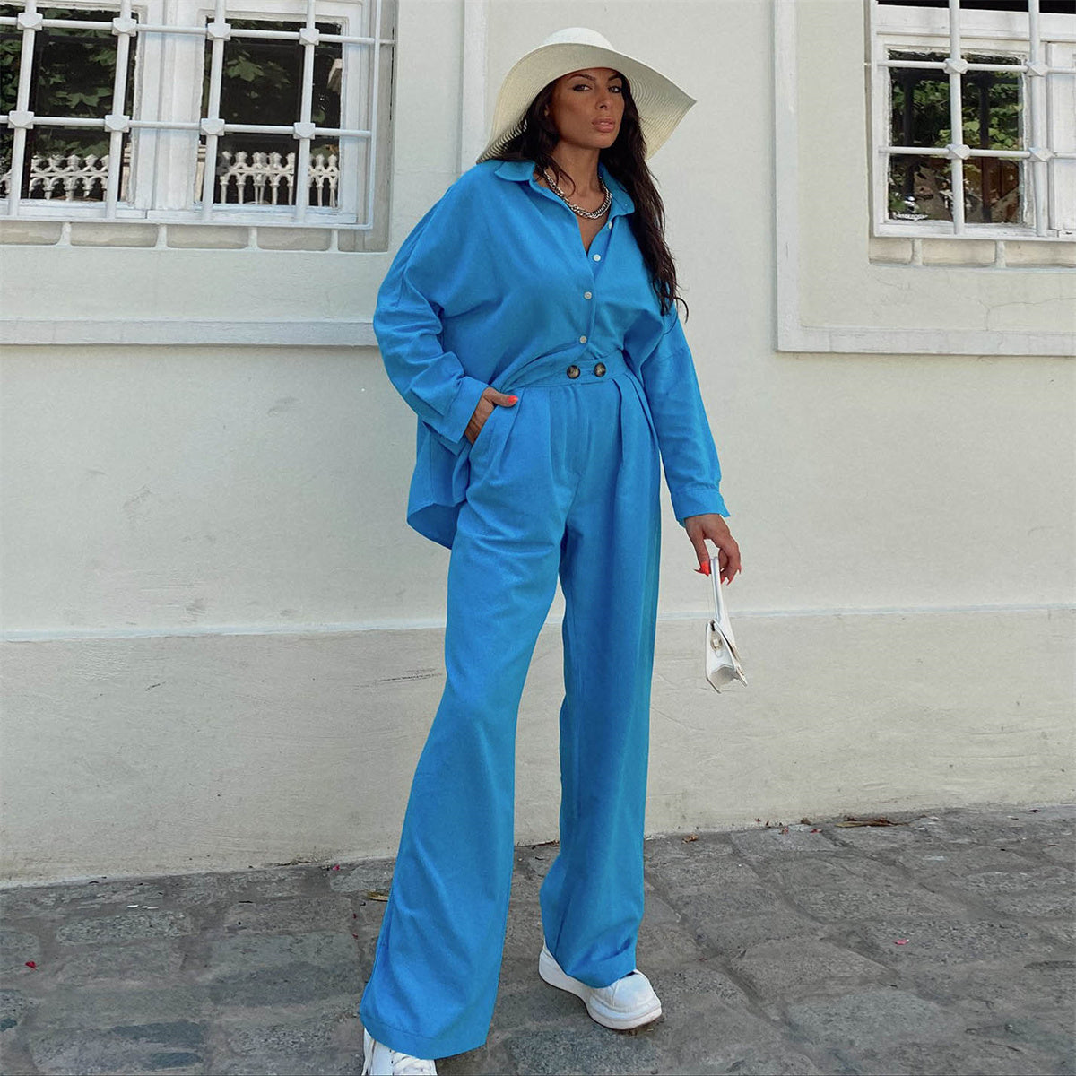 Early Autumn Casual Suit Y2g Vacation Batwing Sleeve Shirt Top Straight Leg Trousers Two-Piece Set