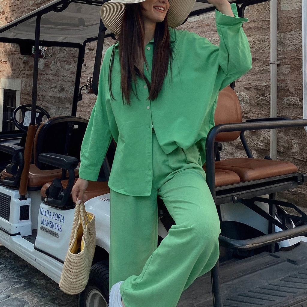Early Autumn Casual Suit Y2g Vacation Batwing Sleeve Shirt Top Straight Leg Trousers Two-Piece Set