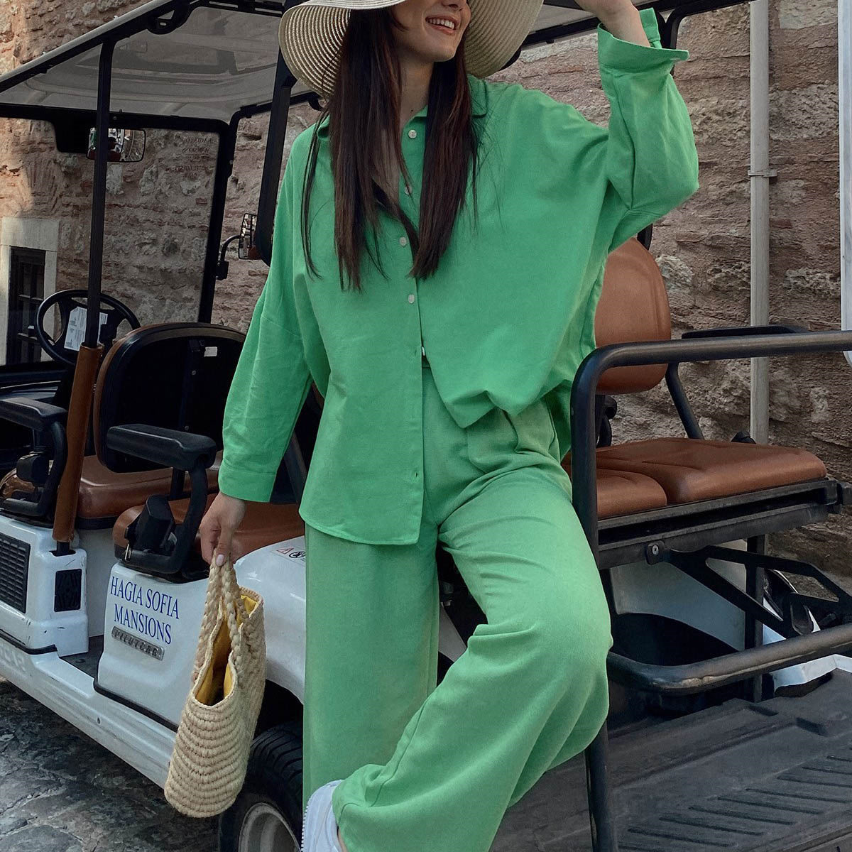 Early Autumn Casual Suit Y2g Vacation Batwing Sleeve Shirt Top Straight Leg Trousers Two-Piece Set