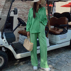 Early Autumn Casual Suit Y2g Vacation Batwing Sleeve Shirt Top Straight Leg Trousers Two-Piece Set