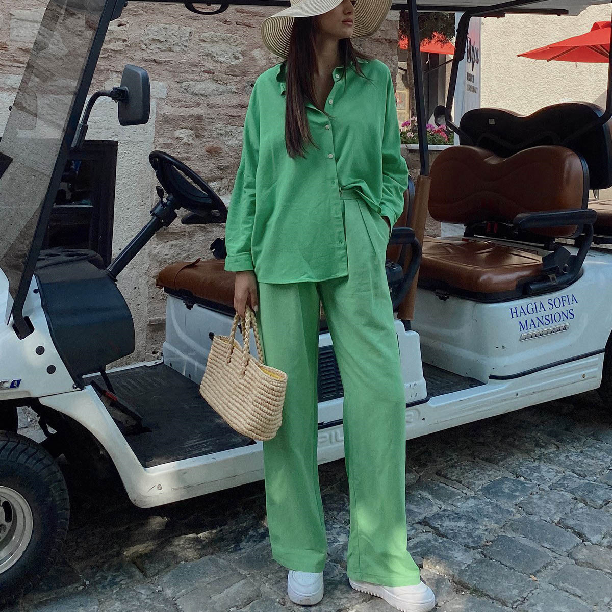 Early Autumn Casual Suit Y2g Vacation Batwing Sleeve Shirt Top Straight Leg Trousers Two-Piece Set
