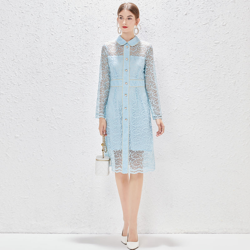 Spring Fall Daily Elegant Regular Lace Tulle Fishnet A Line Midi Dress