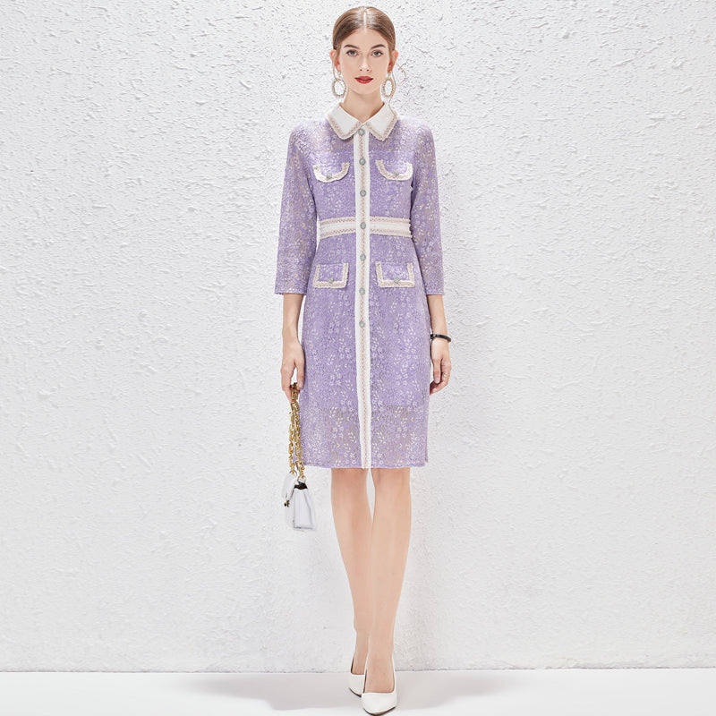 Spring Summer Fall Daily Elegant Regular Lace Tulle Fishnet Patchwork A Line Knee Dress