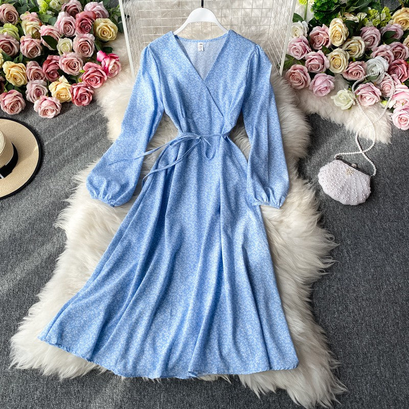 Floral V-Neck Long-Sleeve Midi Dress