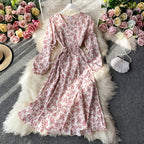 Floral V-Neck Long-Sleeve Midi Dress