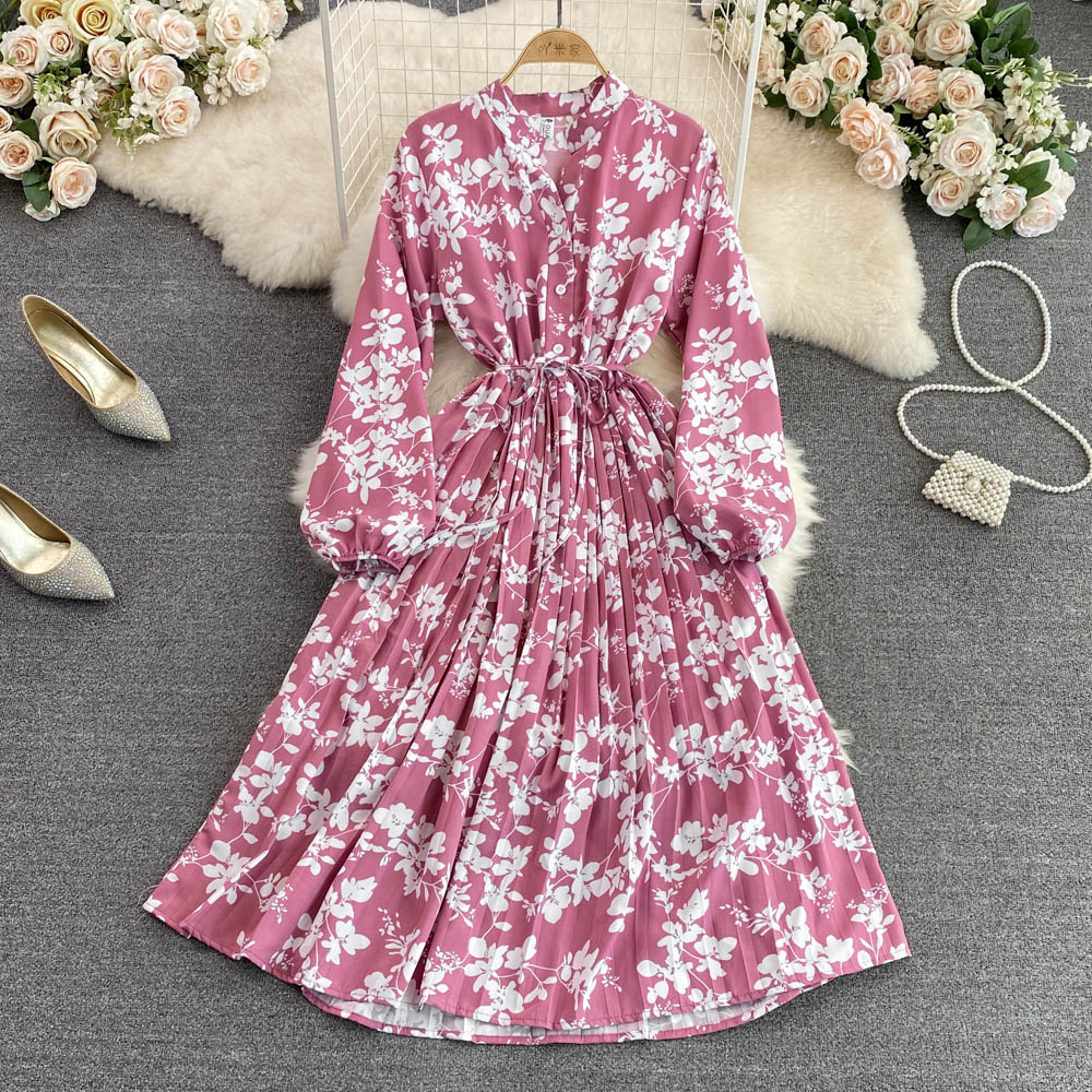 Women's New V Neck Bubble Long Sleeve Waist Closing Print A Dress