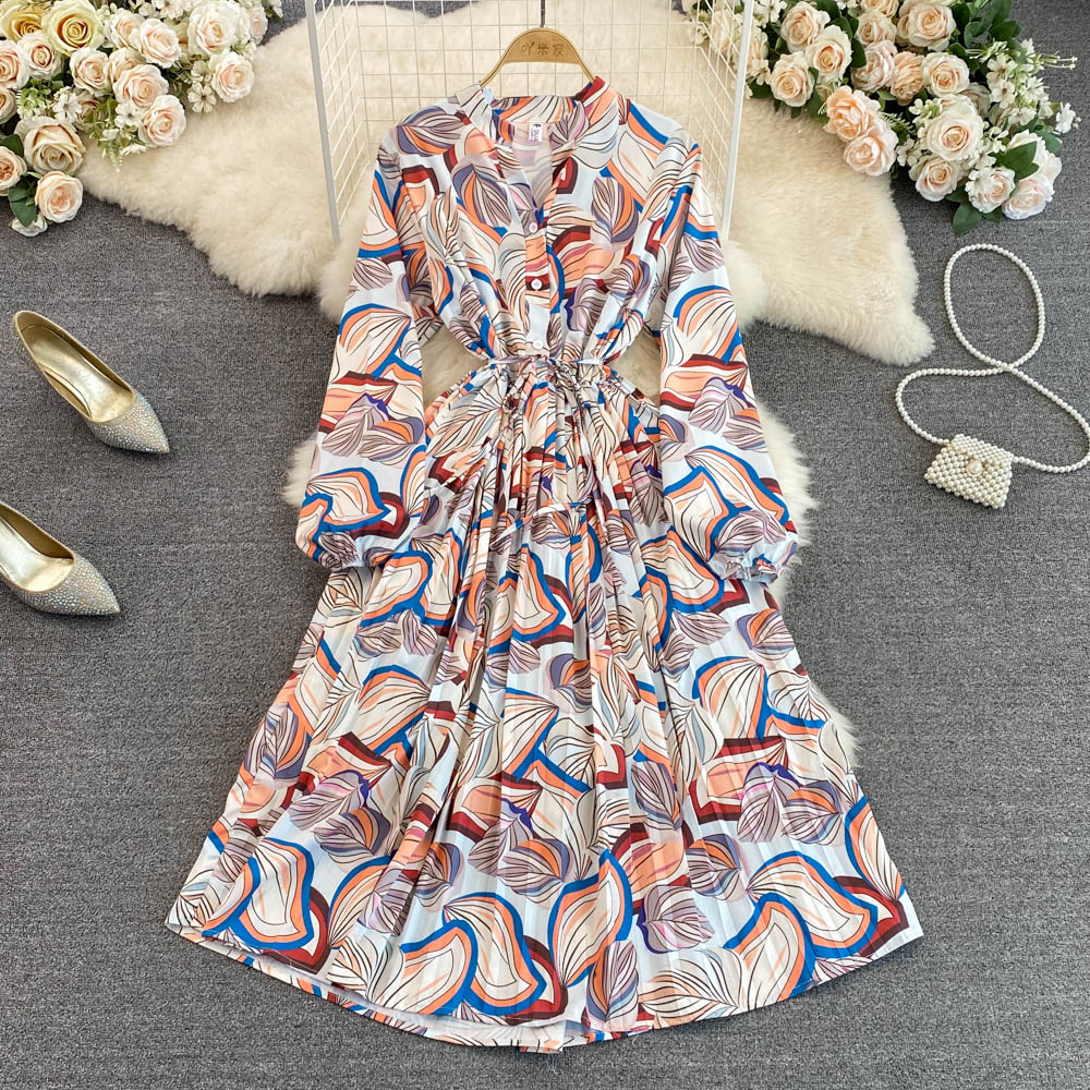 Women's New V Neck Bubble Long Sleeve Waist Closing Print A Dress