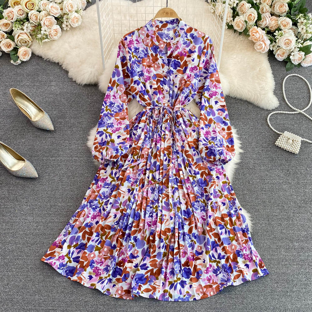 Women's New V Neck Bubble Long Sleeve Waist Closing Print A Dress