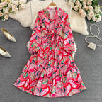 Women's New V Neck Bubble Long Sleeve Waist Closing Print A Dress