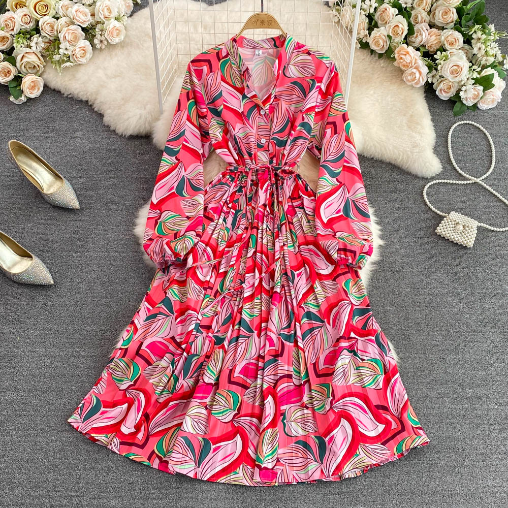 Women's New V Neck Bubble Long Sleeve Waist Closing Print A Dress