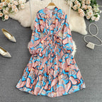 Women's New V Neck Bubble Long Sleeve Waist Closing Print A Dress