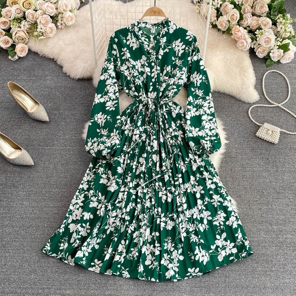 Women's New V Neck Bubble Long Sleeve Waist Closing Print A Dress