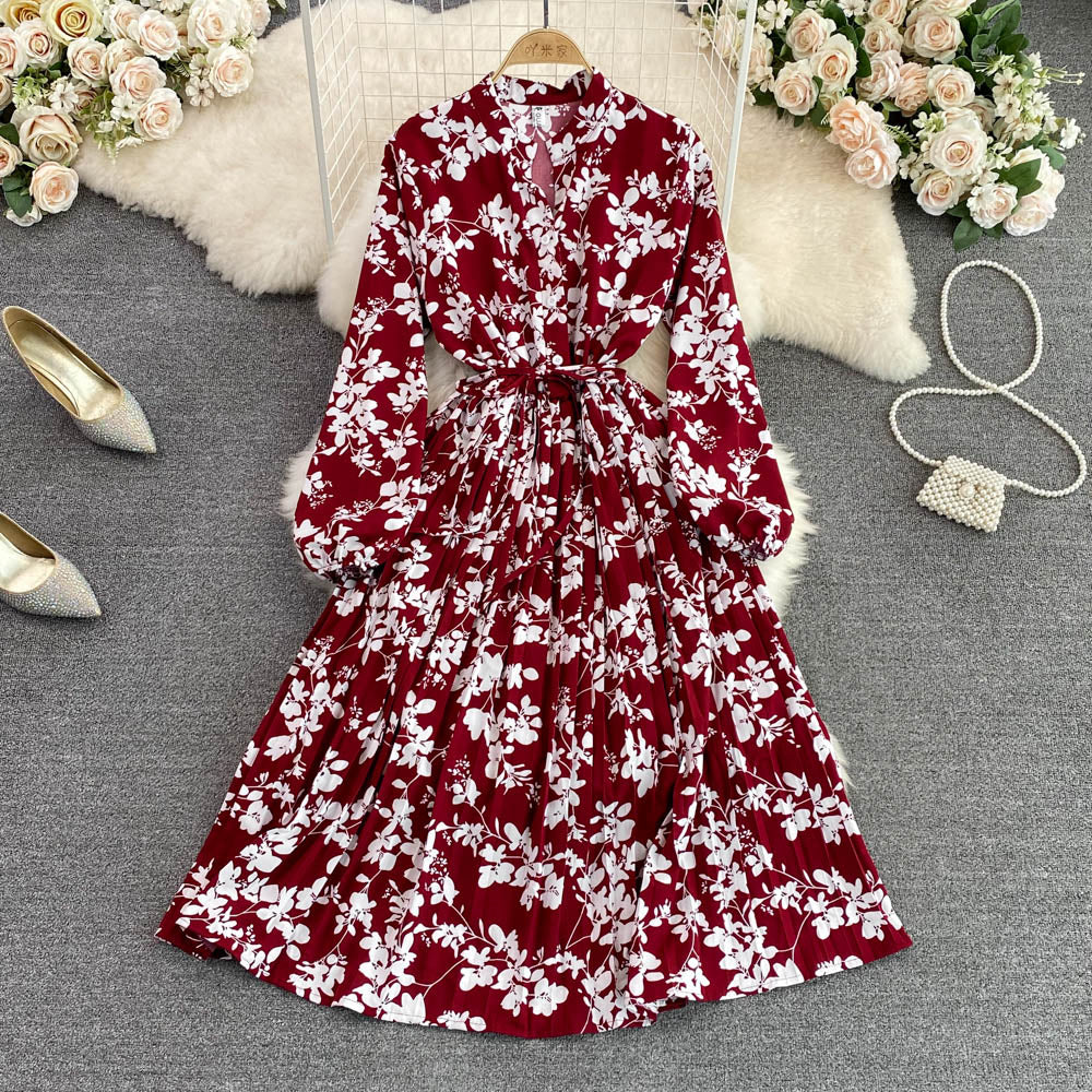 Women's New V Neck Bubble Long Sleeve Waist Closing Print A Dress