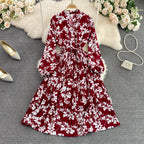 Women's New V Neck Bubble Long Sleeve Waist Closing Print A Dress