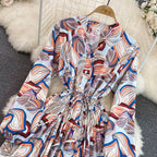 Women's New V Neck Bubble Long Sleeve Waist Closing Print A Dress