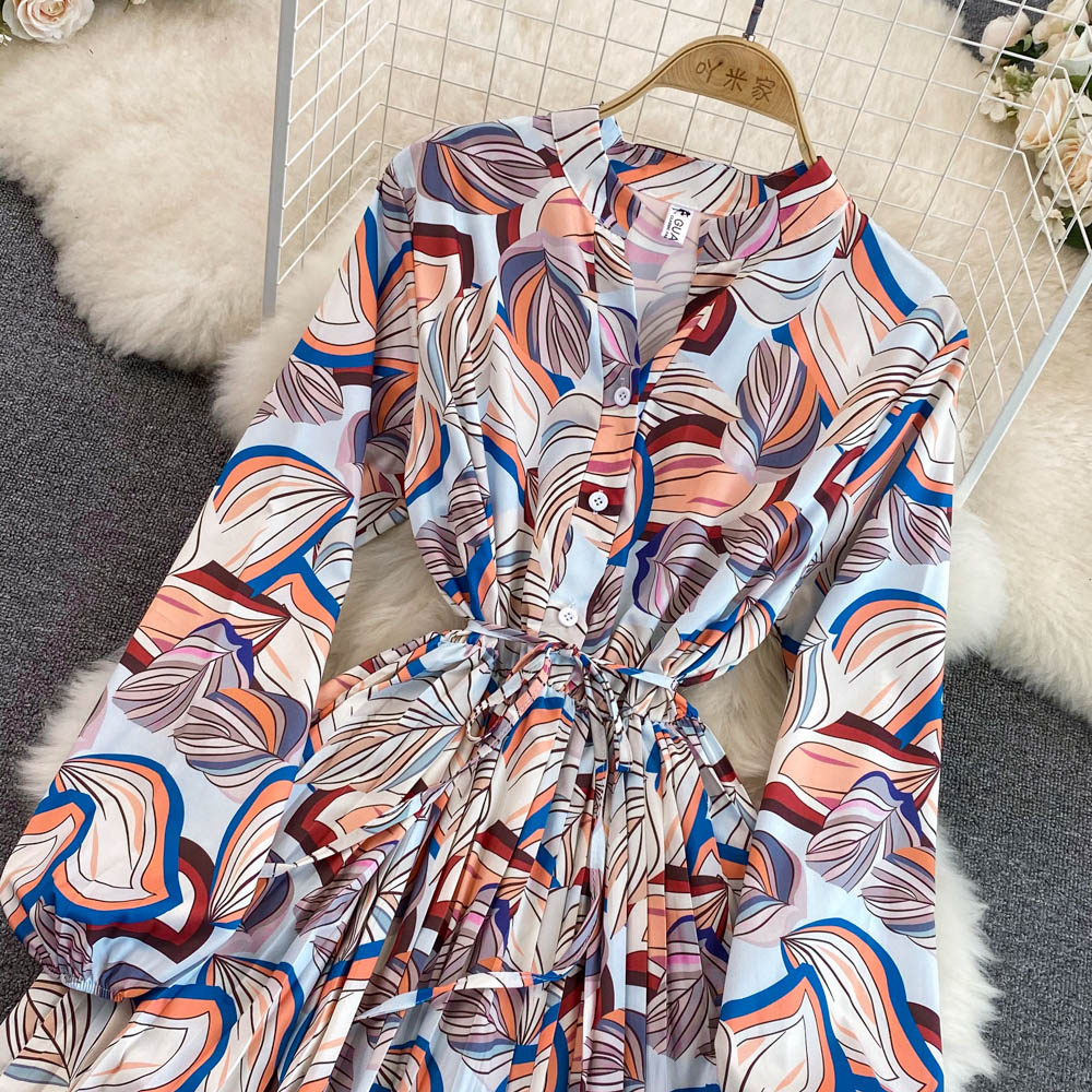 Women's New V Neck Bubble Long Sleeve Waist Closing Print A Dress