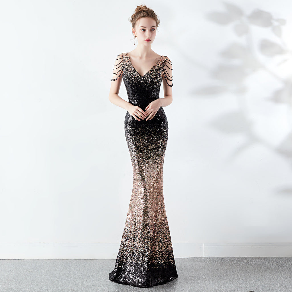 Women's Gradient Color Crystal Drill Chain Slim Evening Party Dress