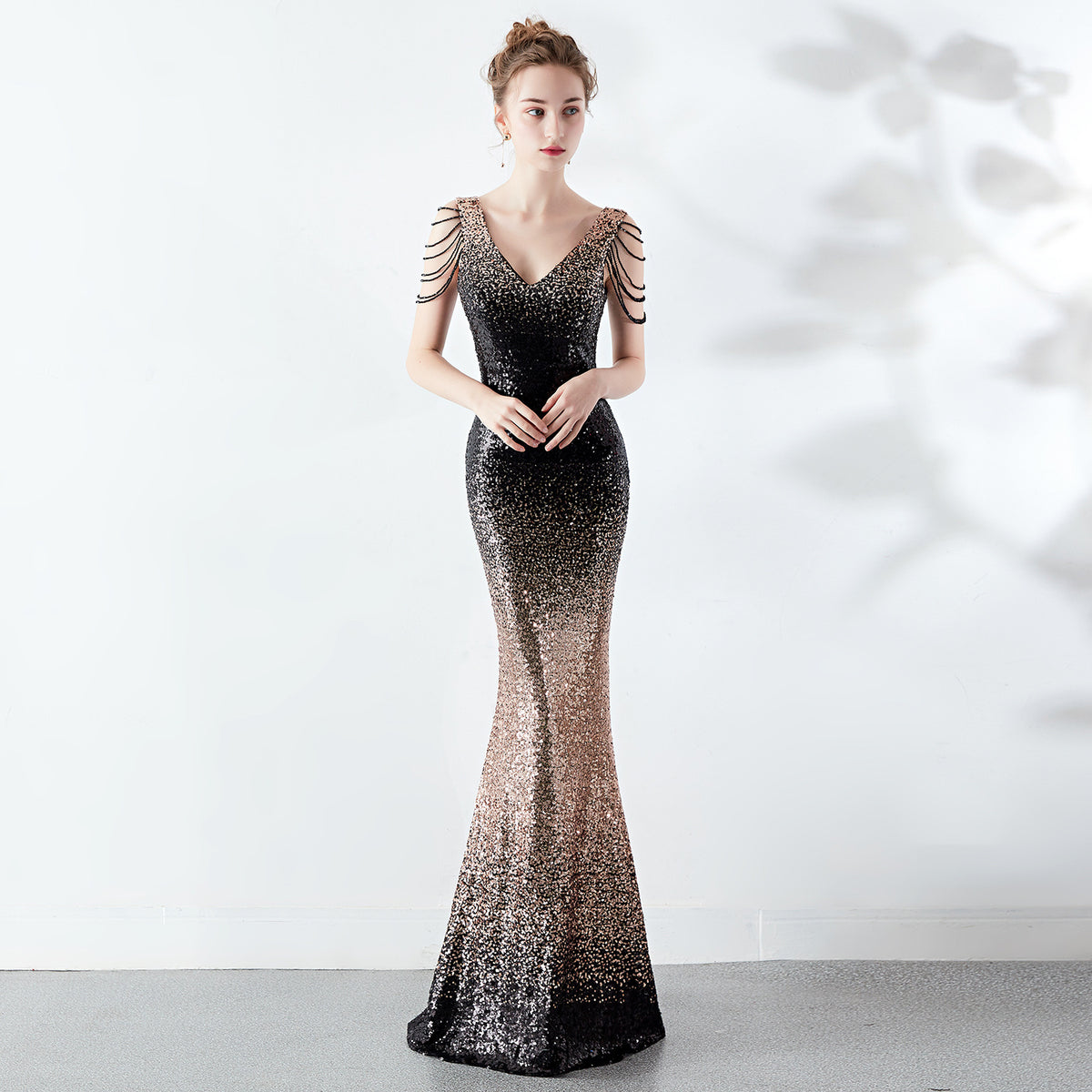 Women's Gradient Color Crystal Drill Chain Slim Evening Party Dress