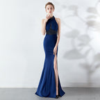 Women's Long Red Fishtail Halter Wedding Banquet Evening Dress Formal Gown