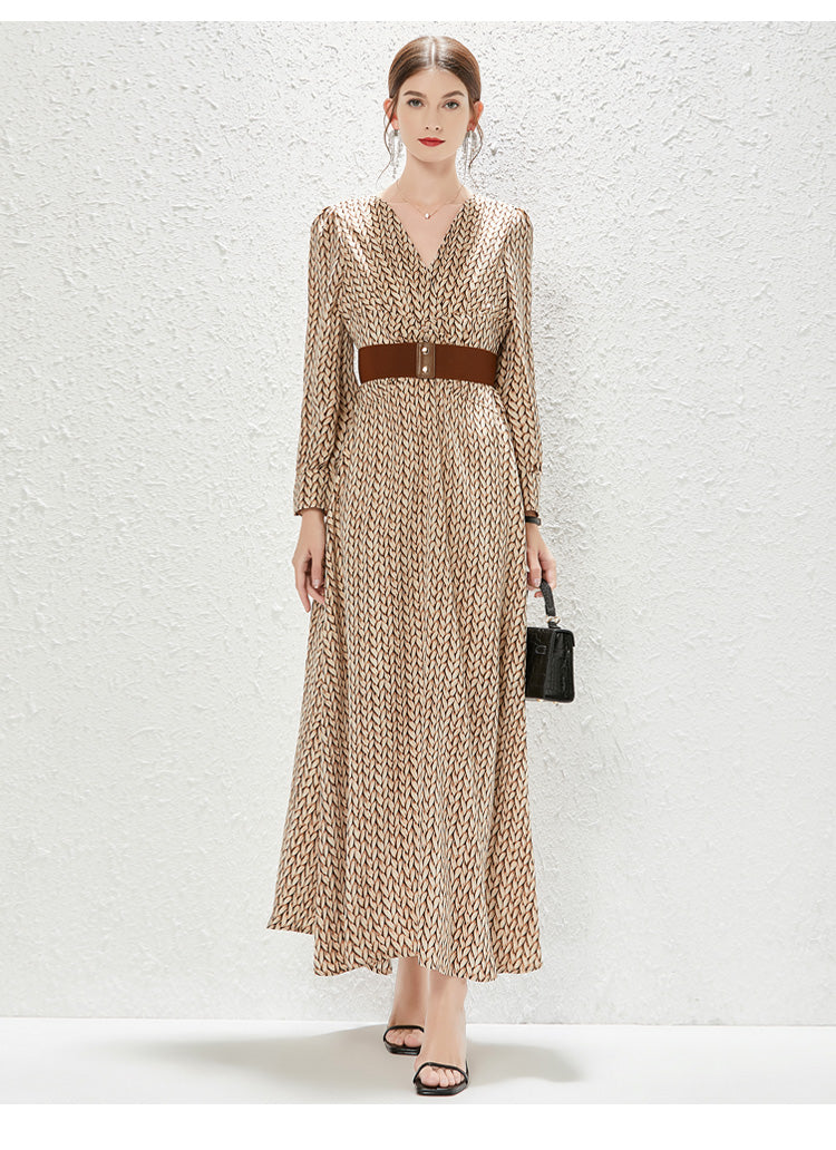 Printed V-Neck Belted Long-Sleeve A-Line Maxi Dress