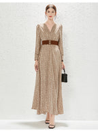 Printed V-Neck Belted Long-Sleeve A-Line Maxi Dress