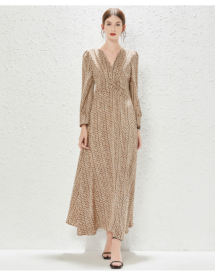 Printed V-Neck Belted Long-Sleeve A-Line Maxi Dress