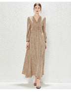 Printed V-Neck Belted Long-Sleeve A-Line Maxi Dress