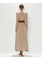 Printed V-Neck Belted Long-Sleeve A-Line Maxi Dress