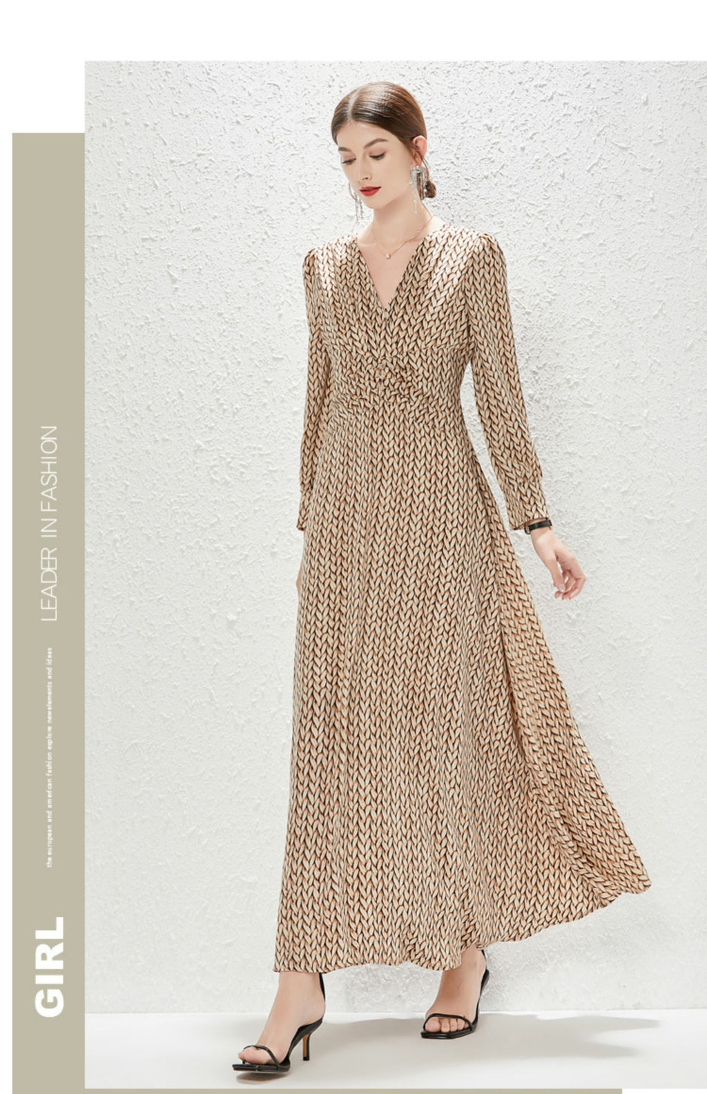 Printed V-Neck Belted Long-Sleeve A-Line Maxi Dress