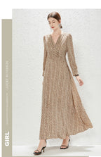 Printed V-Neck Belted Long-Sleeve A-Line Maxi Dress