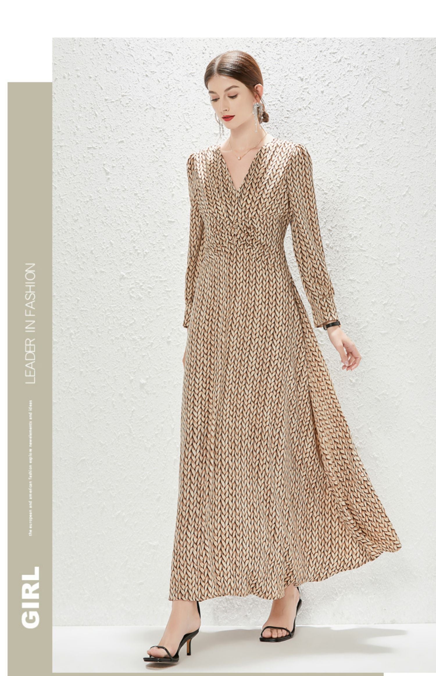 Printed V-Neck Belted Long-Sleeve A-Line Maxi Dress