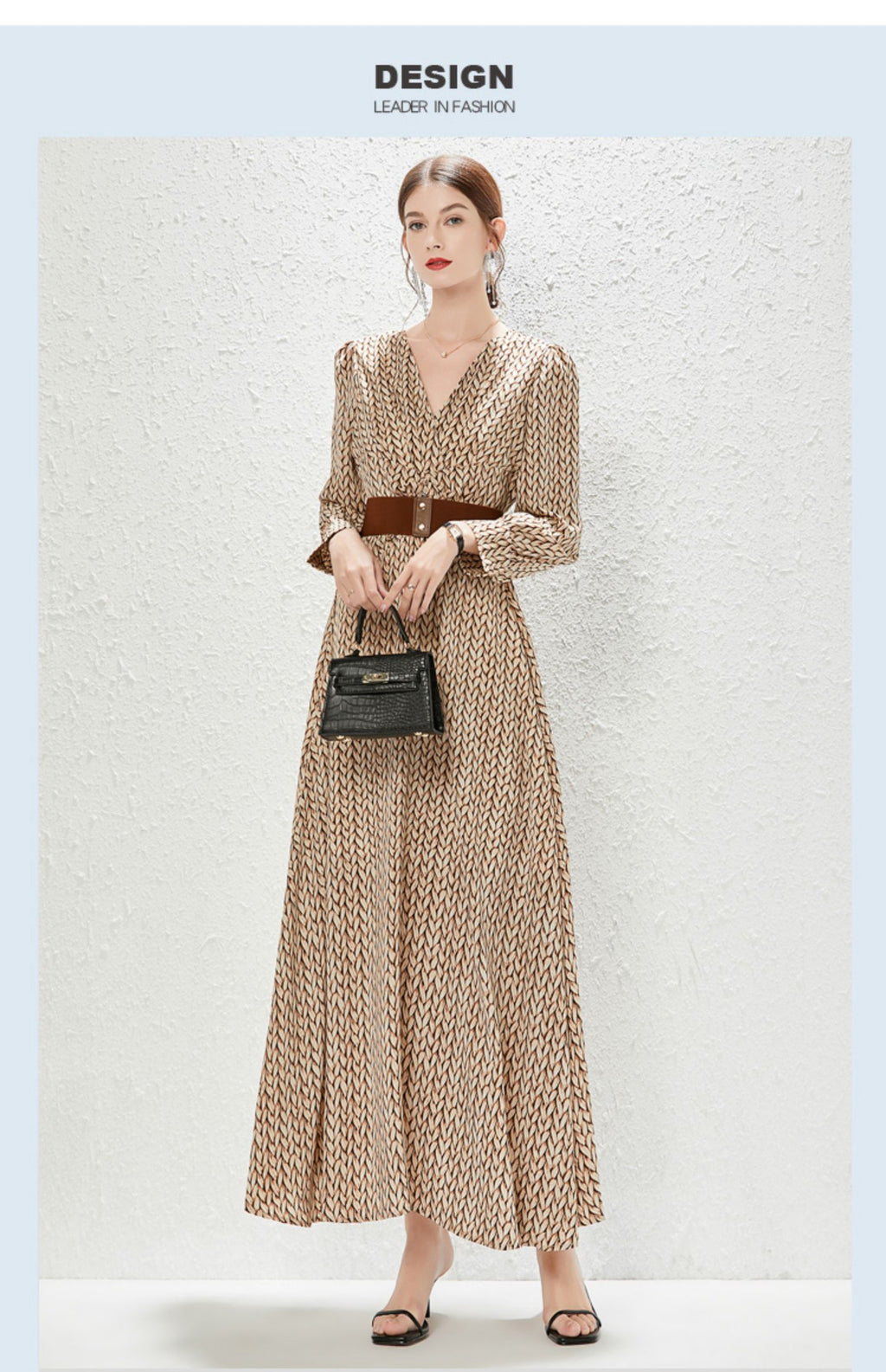Printed V-Neck Belted Long-Sleeve A-Line Maxi Dress