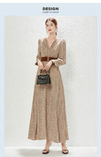 Printed V-Neck Belted Long-Sleeve A-Line Maxi Dress