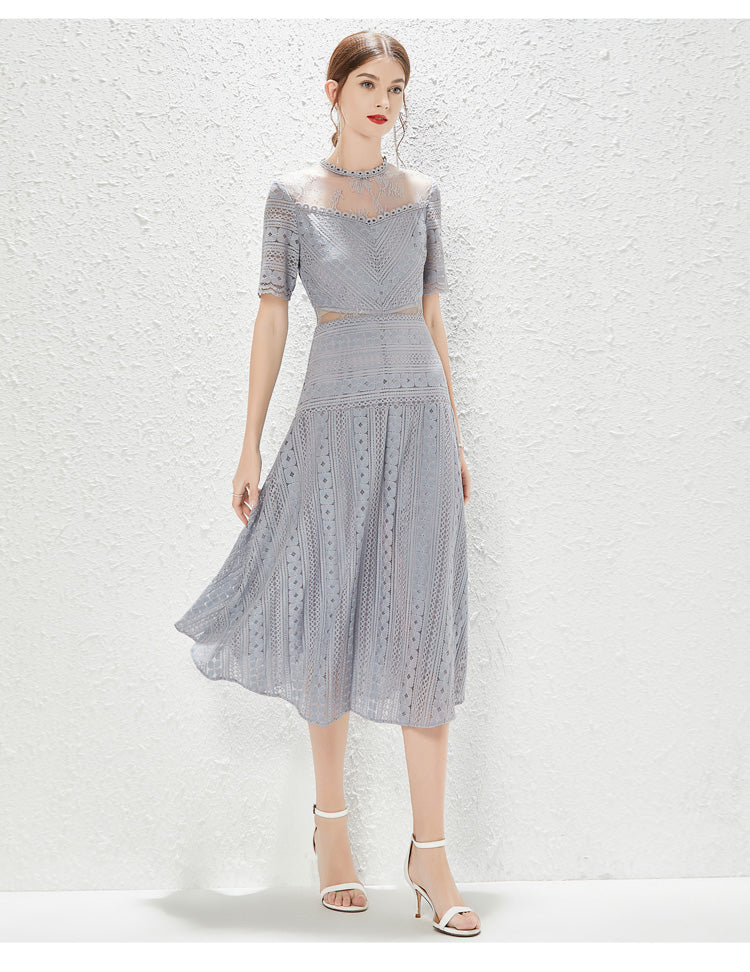 Women's Lace Mock Neck A-Line Midi Dress