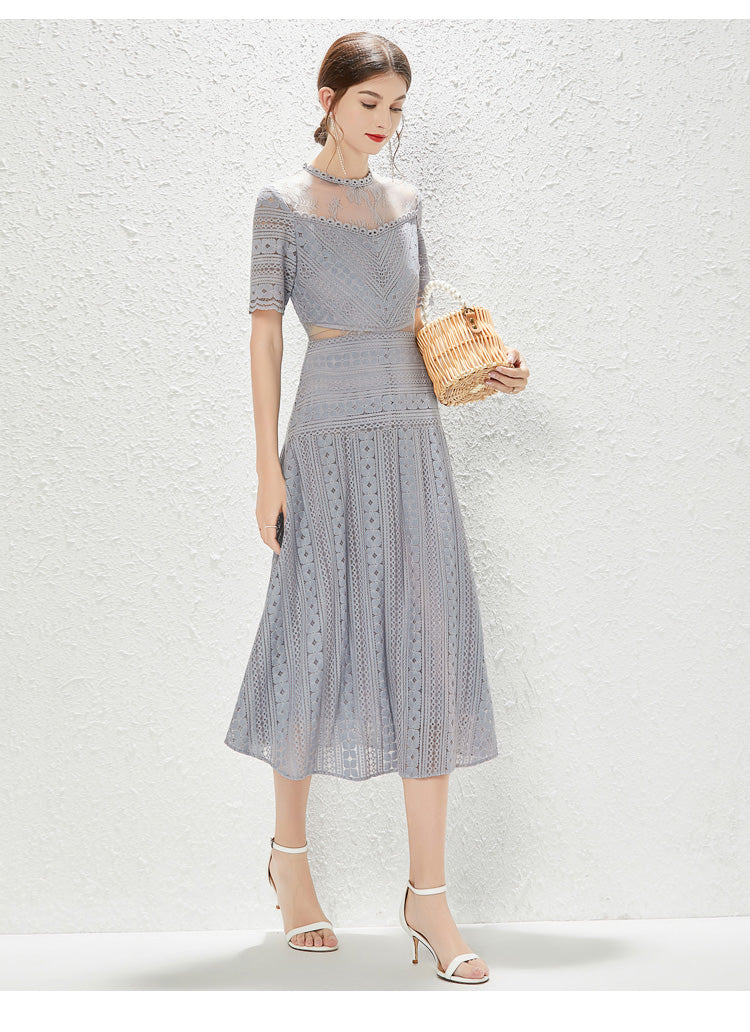 Women's Lace Mock Neck A-Line Midi Dress