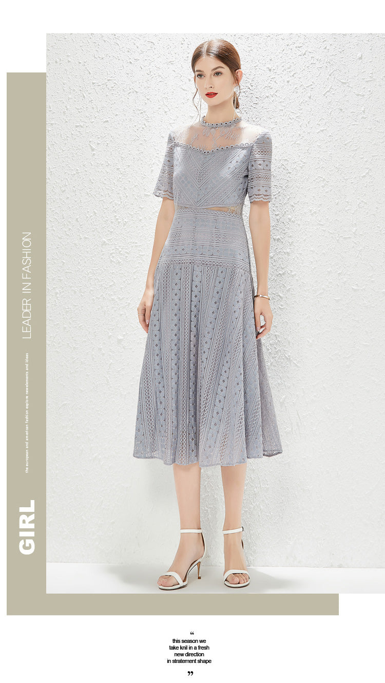 Women's Lace Mock Neck A-Line Midi Dress