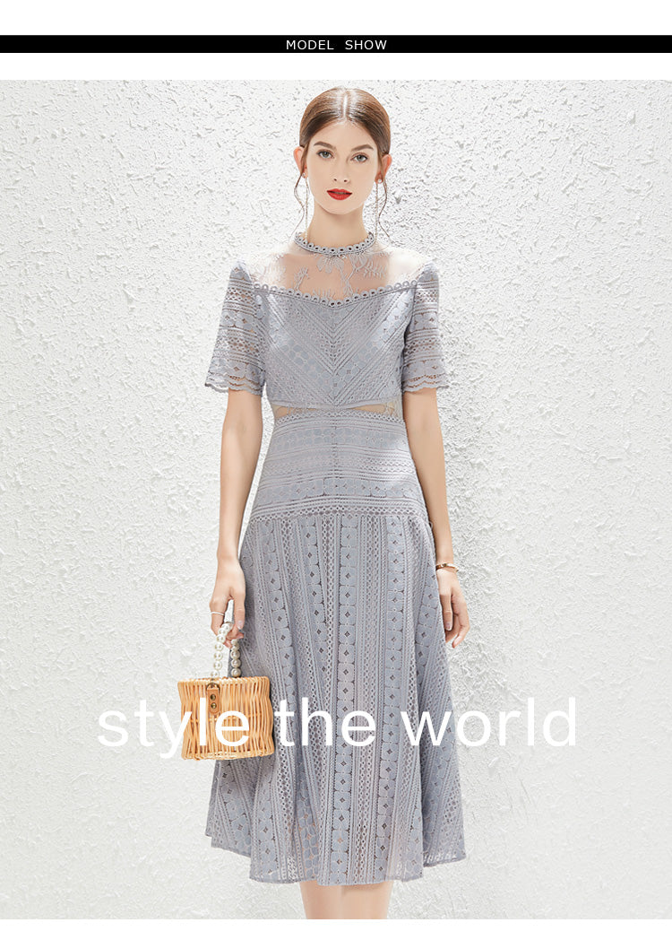 Women's Lace Mock Neck A-Line Midi Dress
