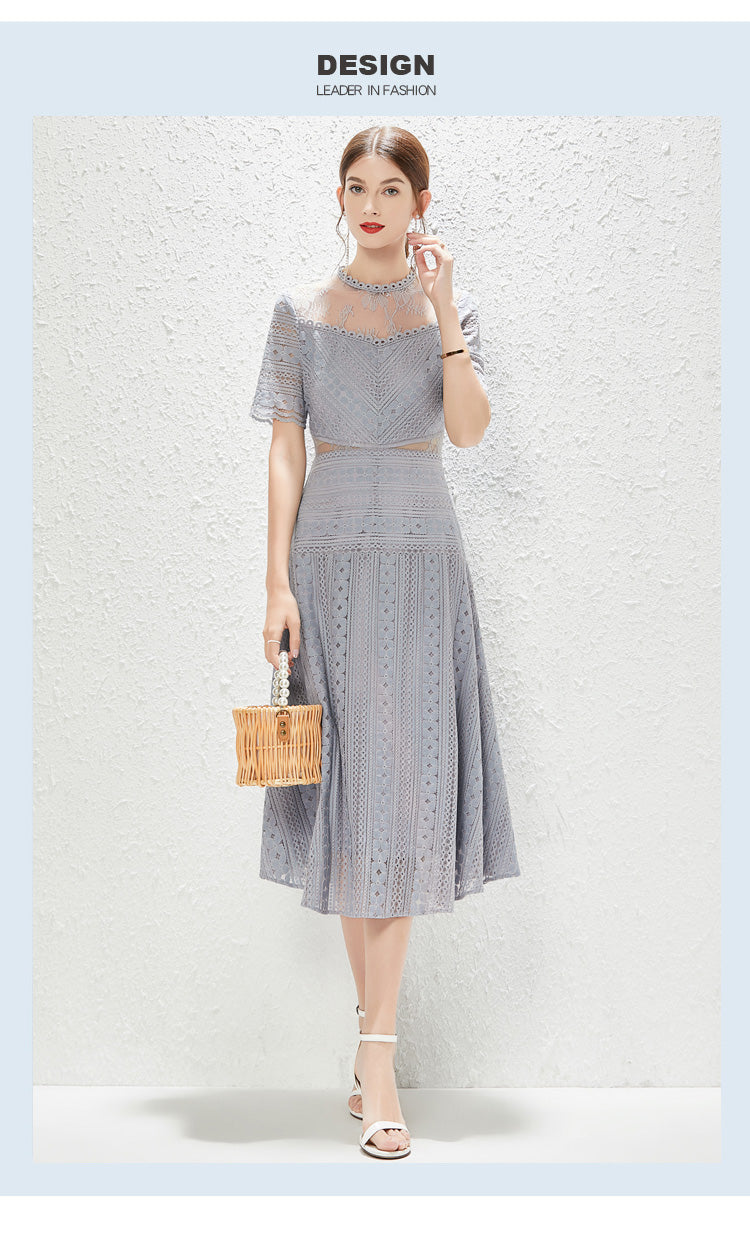 Women's Lace Mock Neck A-Line Midi Dress