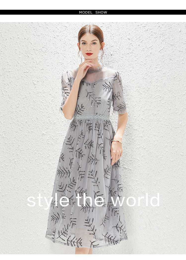 New Grey Gauze Sequin Fashion Lady Elegant Dress