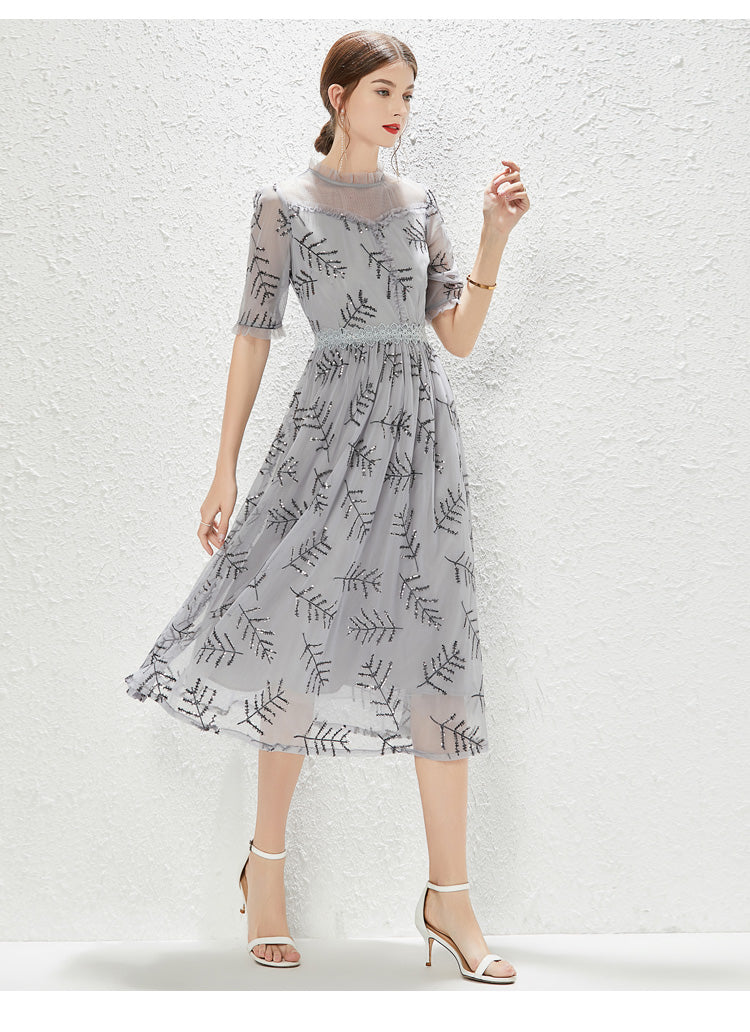New Grey Gauze Sequin Fashion Lady Elegant Dress