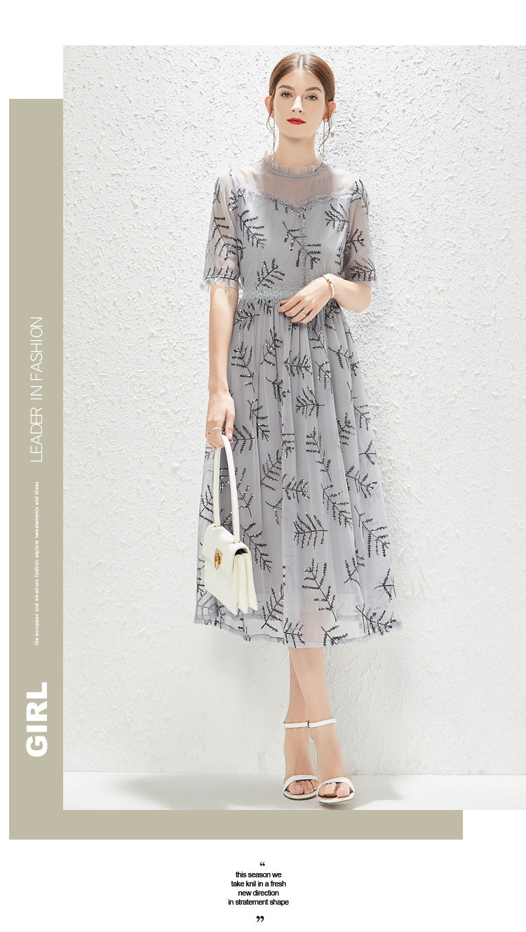 New Grey Gauze Sequin Fashion Lady Elegant Dress