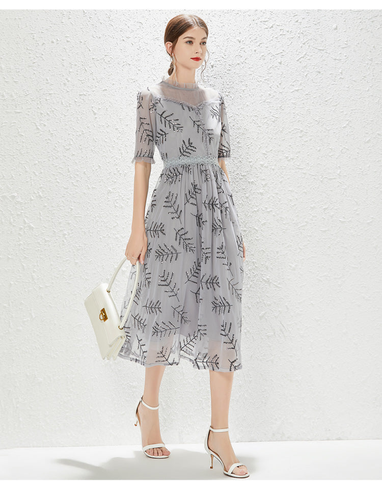 New Grey Gauze Sequin Fashion Lady Elegant Dress