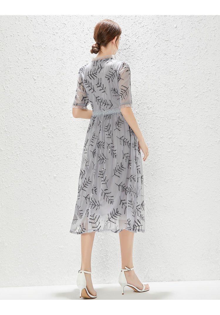 New Grey Gauze Sequin Fashion Lady Elegant Dress