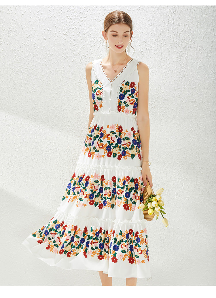 Women's V-Neck Ruffle Floral Midi Dress