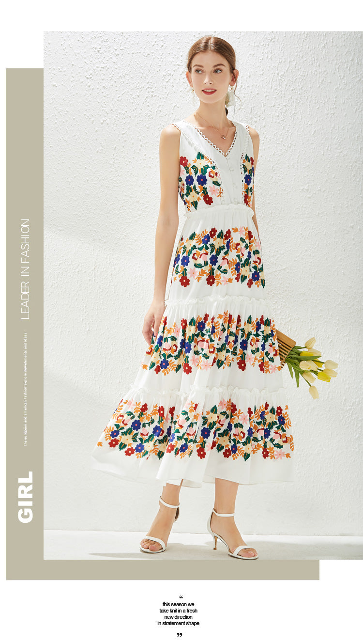 Women's V-Neck Ruffle Floral Midi Dress