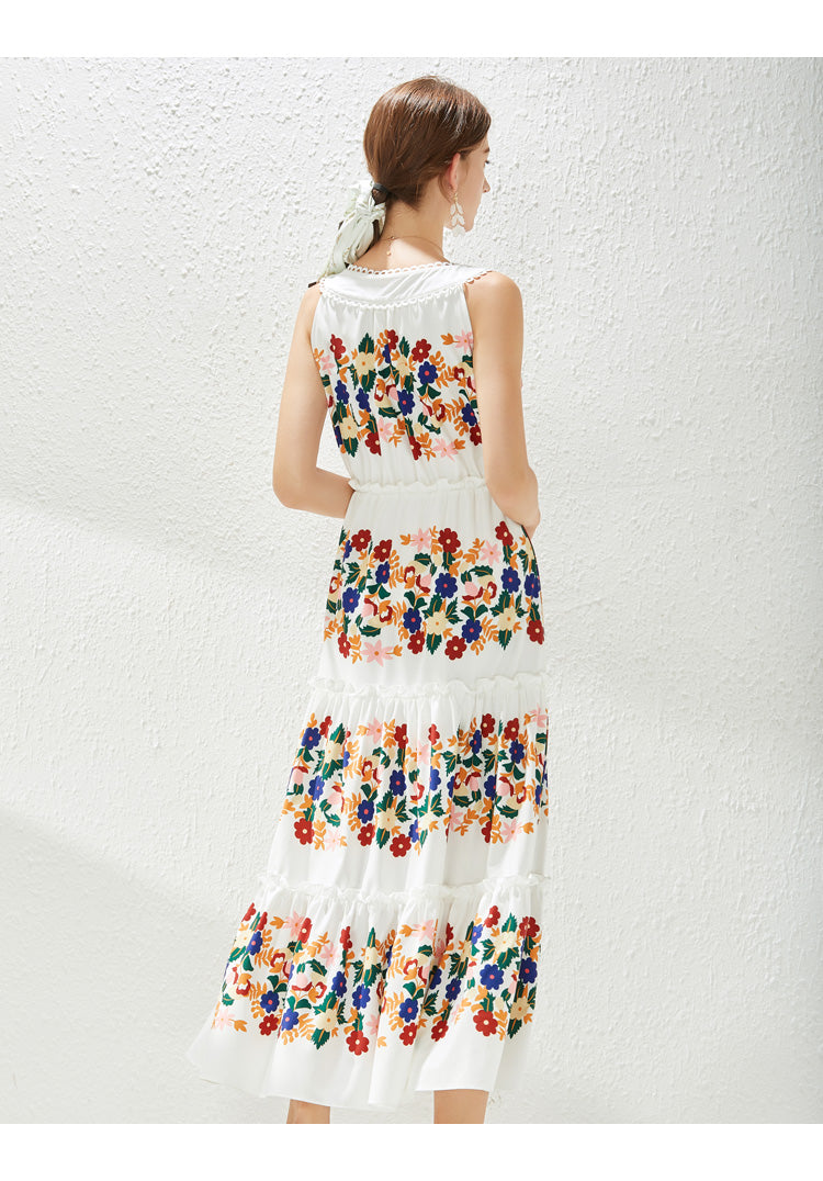 Women's V-Neck Ruffle Floral Midi Dress